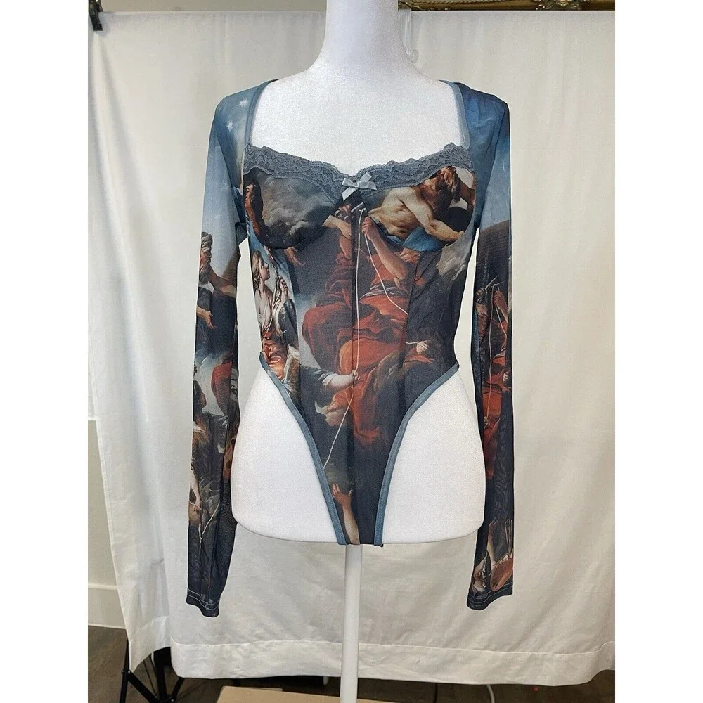 Art To Wear Womens M L Abstract mesh long sleeve lace bodysuit Y2K Whimsigoth - Picture 5 of 16